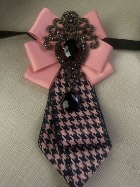 FANCY Pink Satin Bow with Black Jeweled Houndstooth Collar Accent
